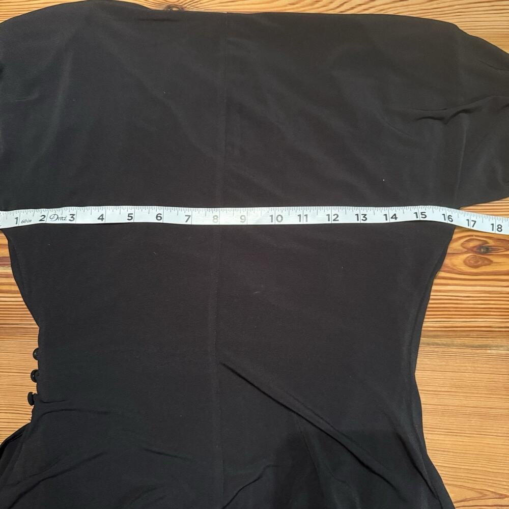 J Peterman Cocktail Dress LBD Sz 6 Black Ruched Rhinestones Ruffle Button Detail - Picture 13 of 16